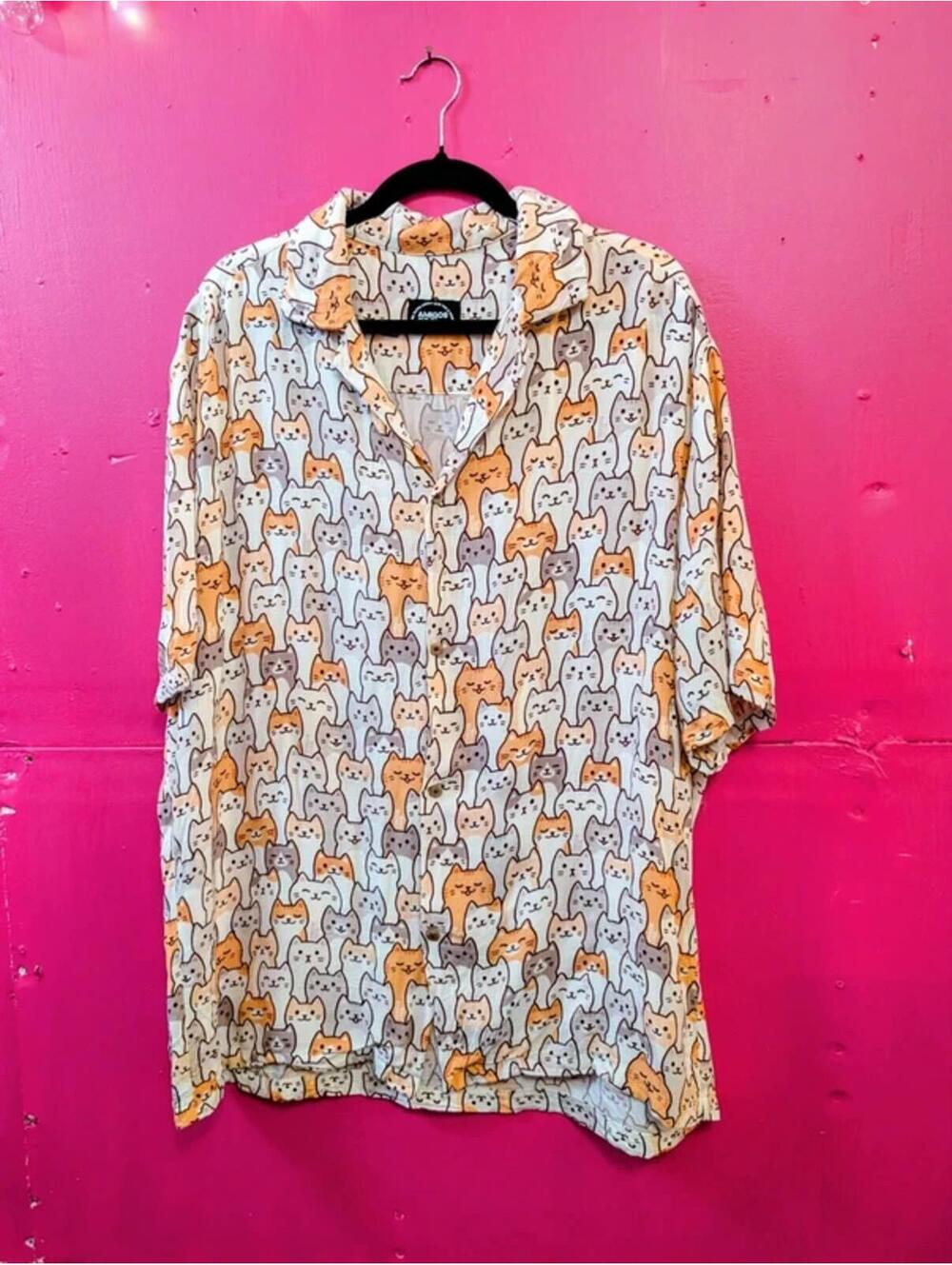 Men's Kitty Cat Print Cotton Summer Print Shirt L